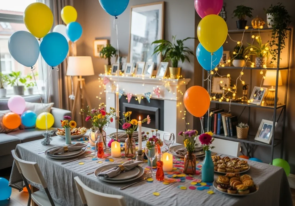 Cozy home party setup with balloons, fairy lights, table decorations, and flowers, creating a vibrant and cheerful atmosphere.
