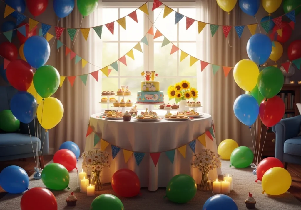 Decorated party space with balloons, bunting, a themed cake table, and flowers, creating a festive and welcoming atmosphere.