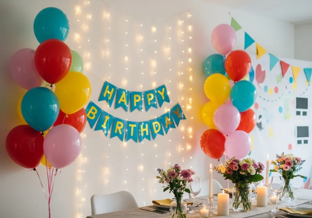 Birthday party decorations featuring colorful balloons, a ‘Happy Birthday’ banner, fairy lights, a table with candles and flowers, and a photo booth backdrop, creating a festive and welcoming atmosphere.