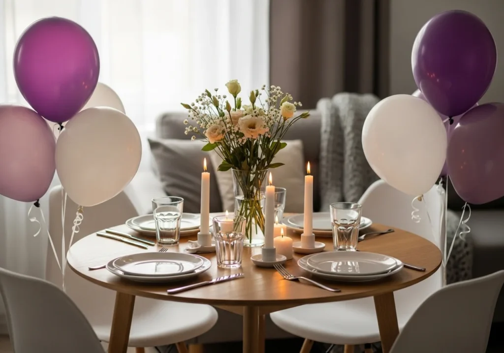 Simple home party decorations with candles, purple and white balloons, fresh flowers, and minimalist table settings, creating a cozy and inviting atmosphere.