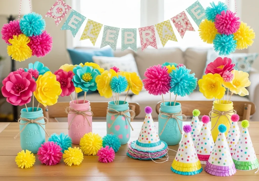 DIY party decorations including handmade paper flowers, pom-poms, bunting, painted mason jars, and party hats arranged on a table, creating a creative and festive home party atmosphere.