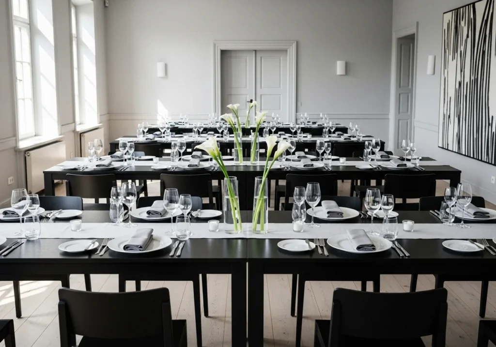 Minimalist party decorations with monochromatic colors, sleek lines, and simple table settings, creating a calm and stylish atmosphere.