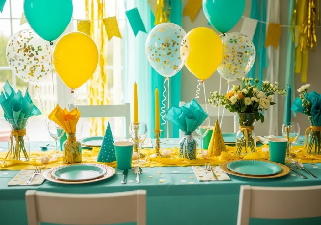Color-based party decorations featuring balloons, streamers, and table settings in one or two main colors, creating a vibrant and festive atmosphere.