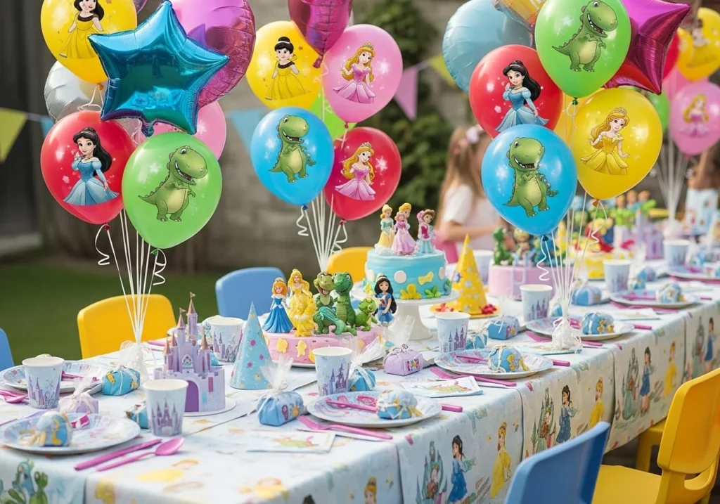 Kids’ party decorations with colorful character-themed balloons and playful table setups, creating a fun and festive atmosphere.