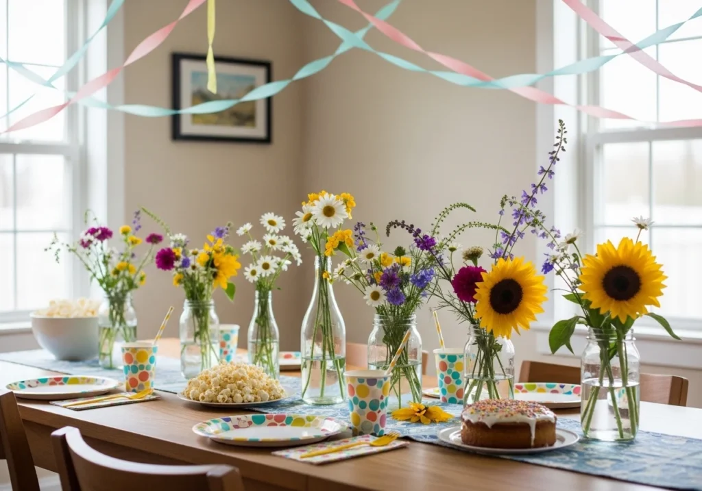 Budget-friendly party decorations including simple streamers, homemade mason jar centerpieces, and fresh garden flowers arranged on a table for an affordable celebration.