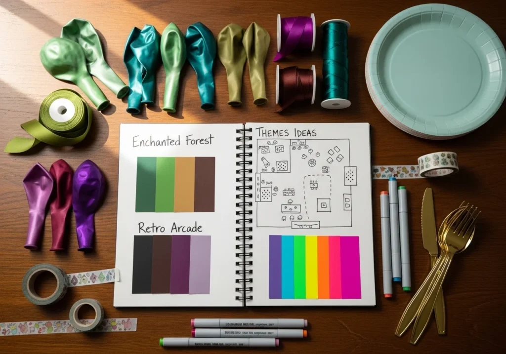 Party planning setup with a notebook of theme ideas, color swatches, and layout sketches along with sample balloons, ribbons, and tableware arranged on a table.