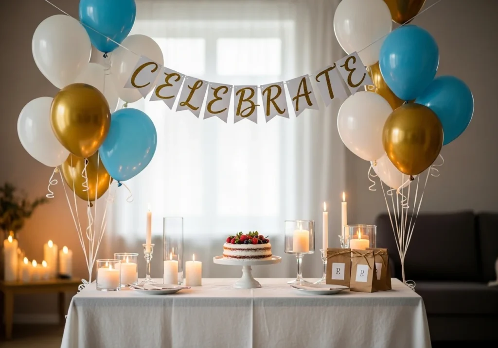 Simple home party setup with balloons, a banner, and candles arranged around a decorated table as the focal point.