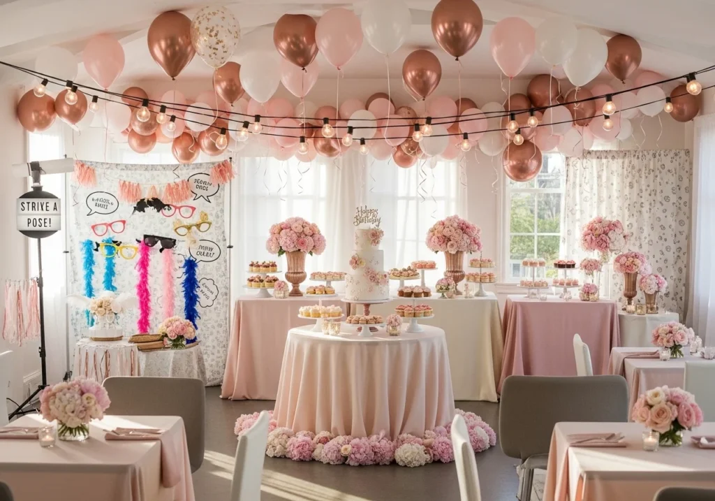 A beautifully arranged party setup with layered decorations, including tablecloths, balloons, flowers, a highlighted cake table, warm string lights, a small DIY photo booth area, and neatly arranged seating in a cozy, inviting atmosphere.