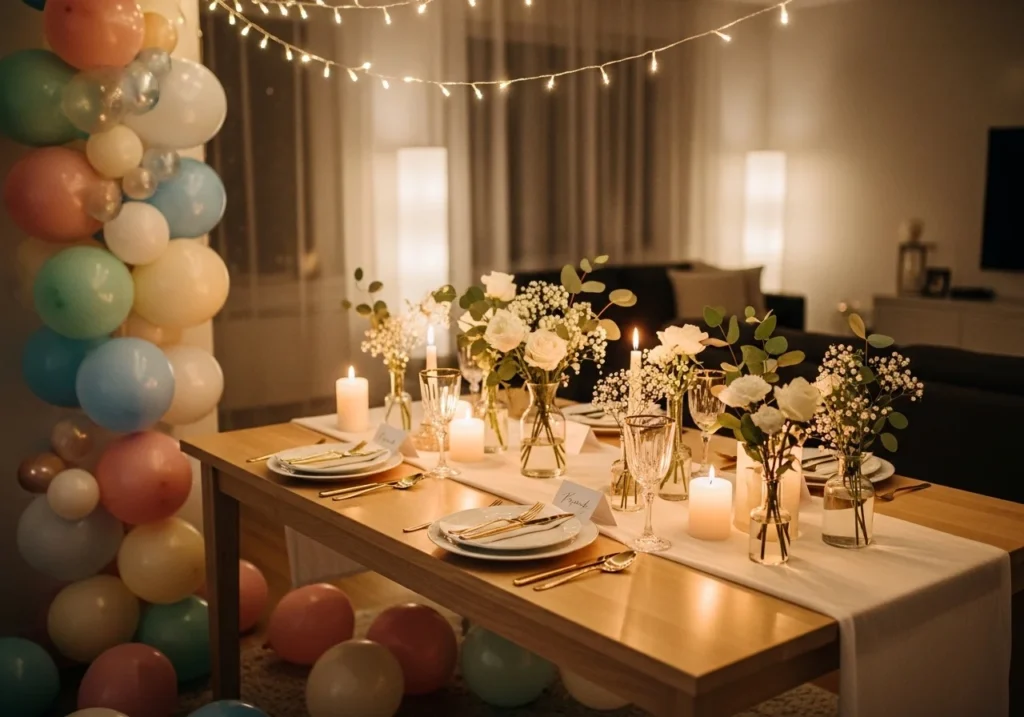 Cozy home party setup with string lights, pastel balloons, candles, and elegant table decor creating a warm, festive atmosphere.