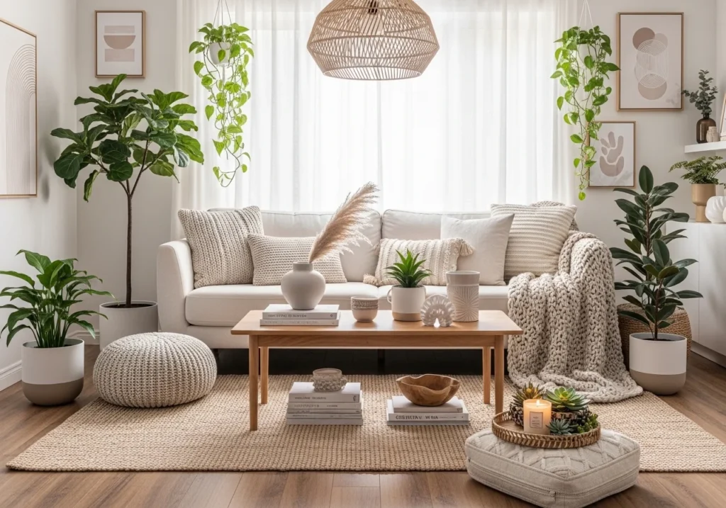 Stylish modern living space with neutral tones, cozy textures, indoor plants, and layered decor creating a chic and inviting aesthetic home.
