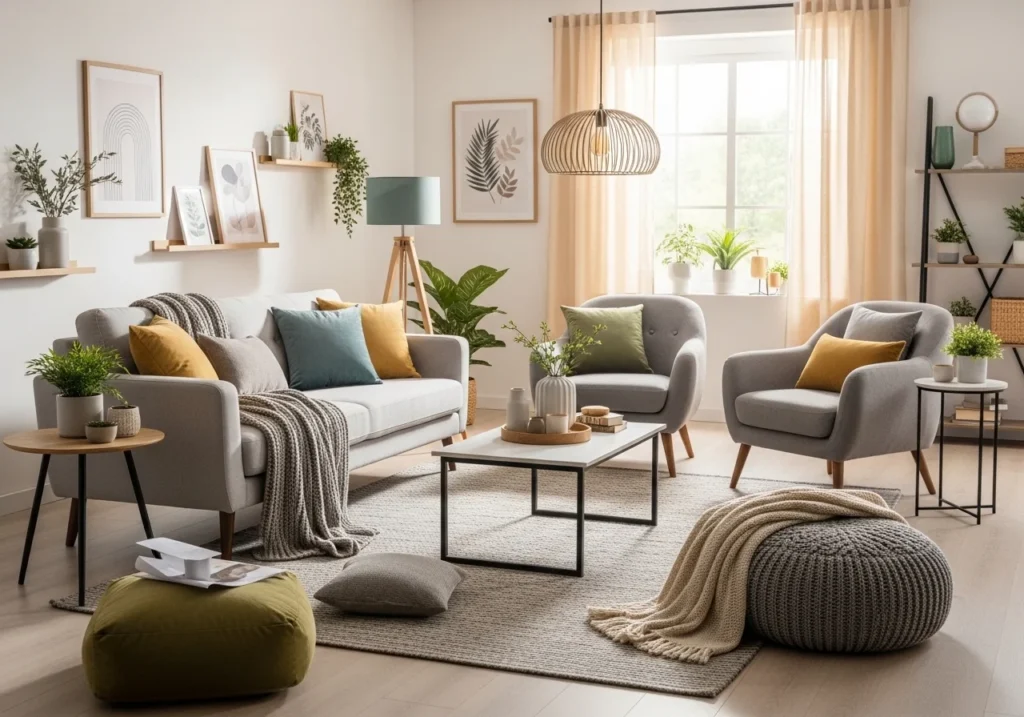 Stylish modern living room with balanced colors, soft textures, and cozy decor creating a harmonious and aesthetically pleasing home.