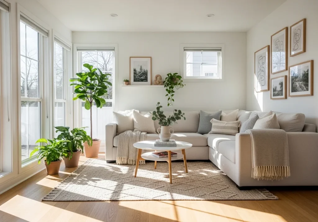 Modern aesthetic living area with cozy furniture, plants, and minimalist decor creating a relaxing and inviting home environment.