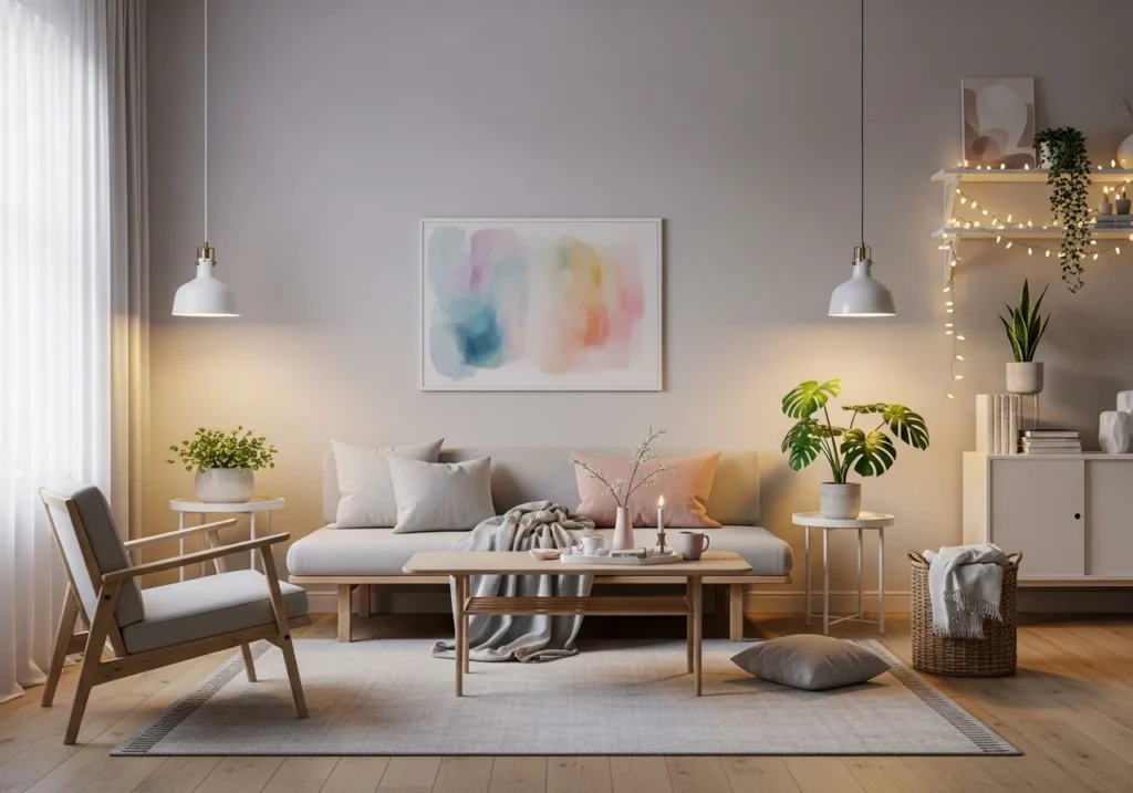 Aesthetic home interior with neutral colors, soft lighting, minimalist furniture, and curated decor creating a cozy and stylish atmosphere.