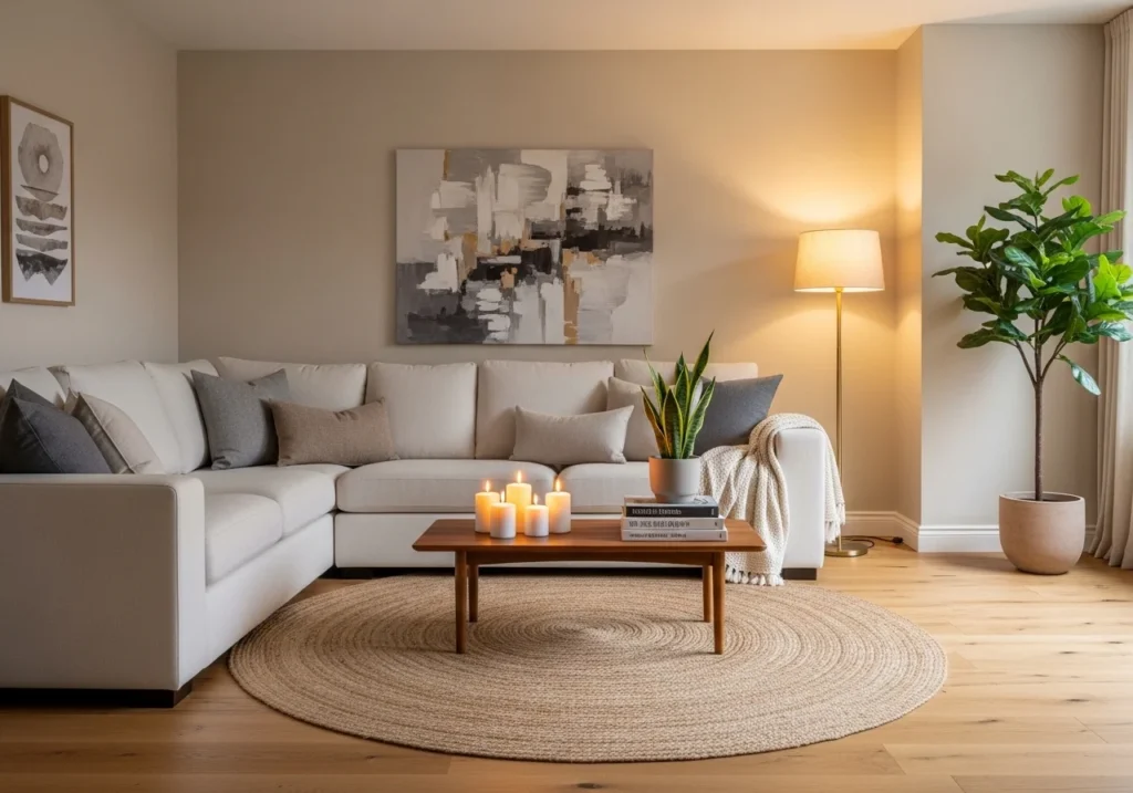 Modern aesthetic home with neutral colors, soft lighting, minimal furniture, wall decor, and indoor plants creating a cozy and stylish living space.