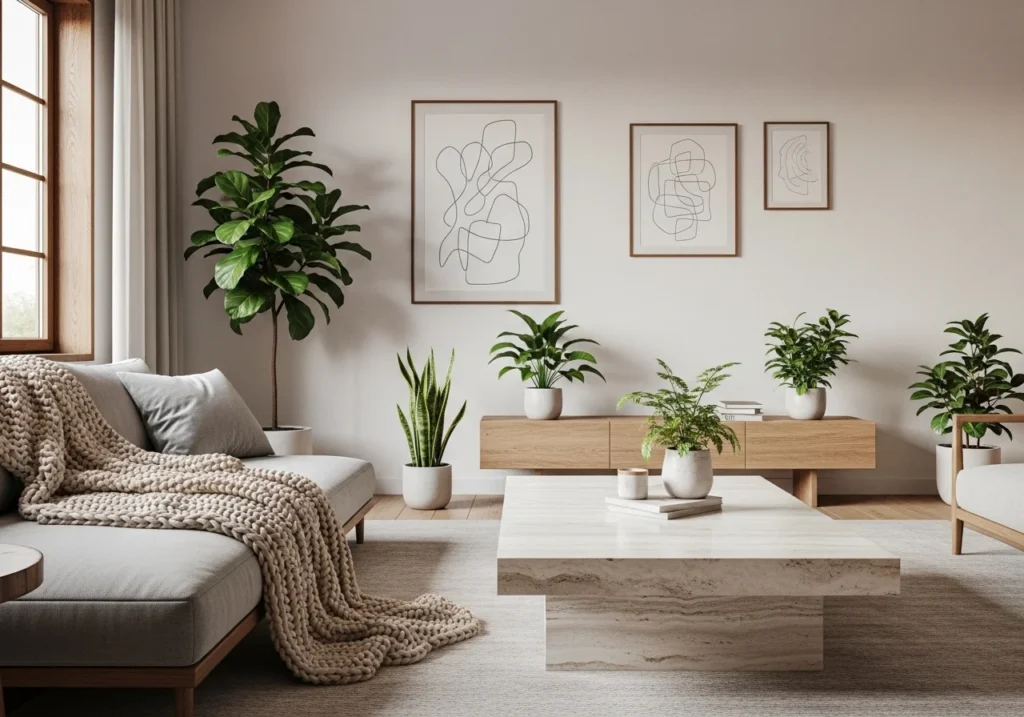 Stylish living room with neutral tones, minimal furniture, cozy sofa, coffee table, plants, and wall art creating an aesthetic and inviting space.