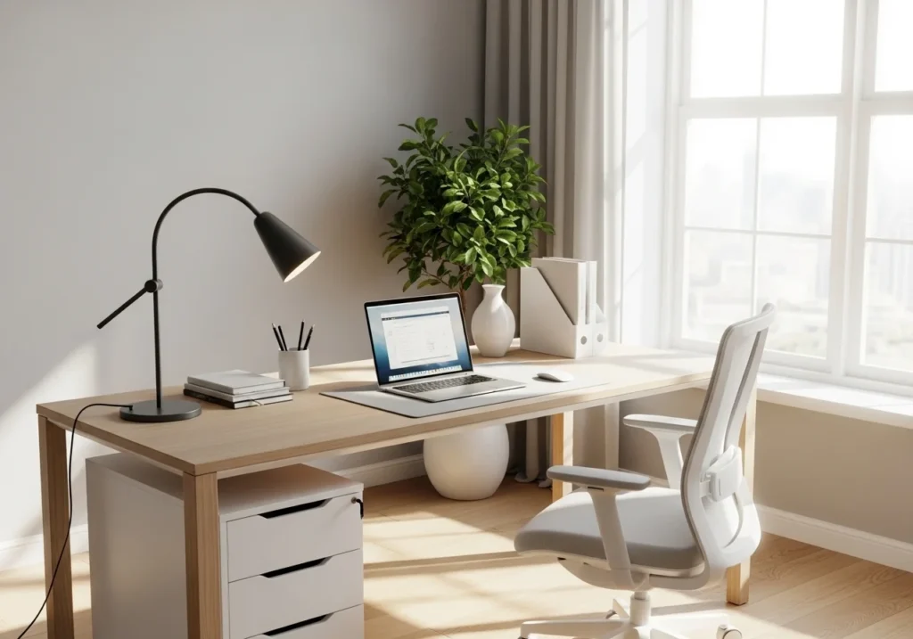 Aesthetic workspace with ergonomic furniture, desk lamp, indoor plant, and organized supplies creating a clean and inspiring home office.