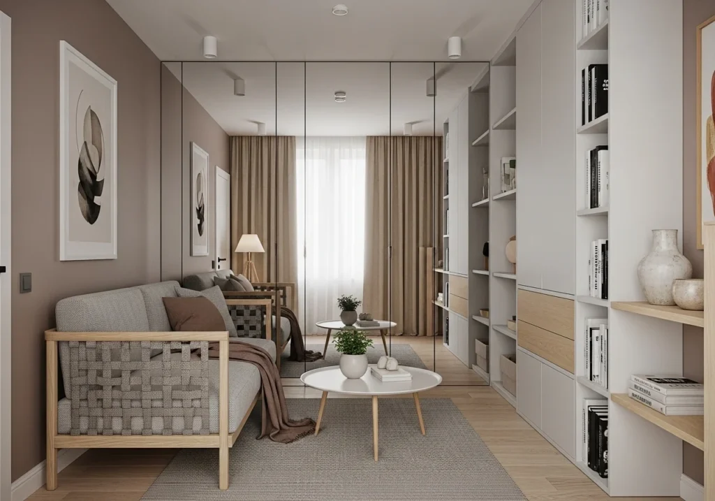 Small aesthetic room with light colors, minimal furniture, vertical storage, and mirrors creating a cozy and open environment.