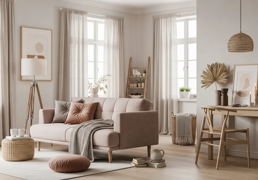 Modern aesthetic home with neutral colors, minimalist furniture, layered textures, and minimal decor creating a cozy, stylish, and inviting space.