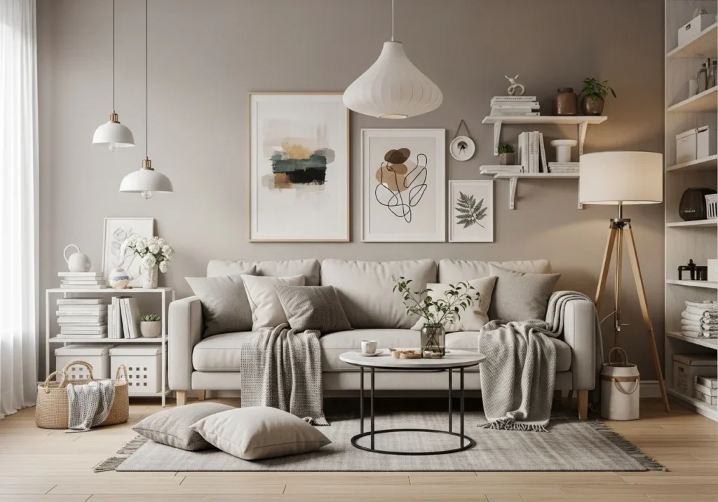 Aesthetic home with neutral furniture, layered textures, personal decor, soft lighting, and organized spaces showing expert styling tips.