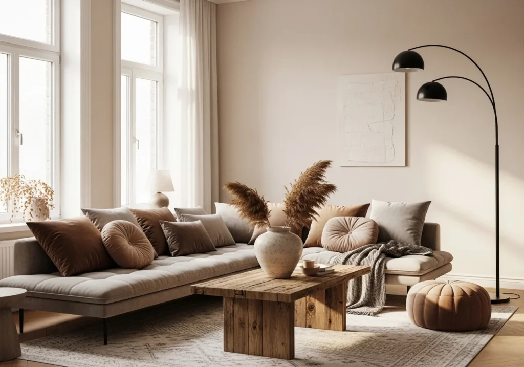Modern aesthetic living room with neutral colors, layered cushions, wood coffee table, dried pampas grass, and natural sunlight creating a cozy, artistic atmosphere.