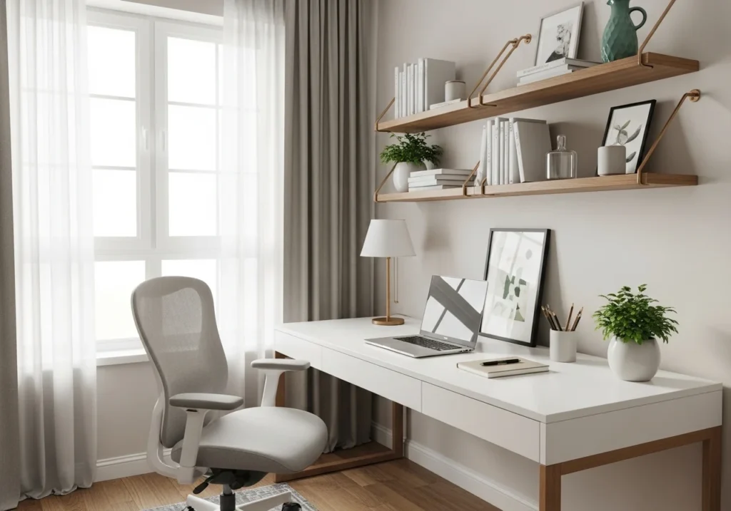 Modern home office with a white desk, ergonomic chair, potted plant, and shelves; bright and clean workspace with natural daylight for productivity.