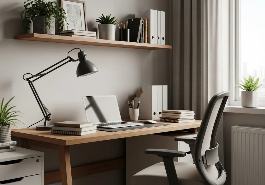 Well-organized home office corner with desk, laptop, lamp, and plants; bright and focused workspace for productivity.