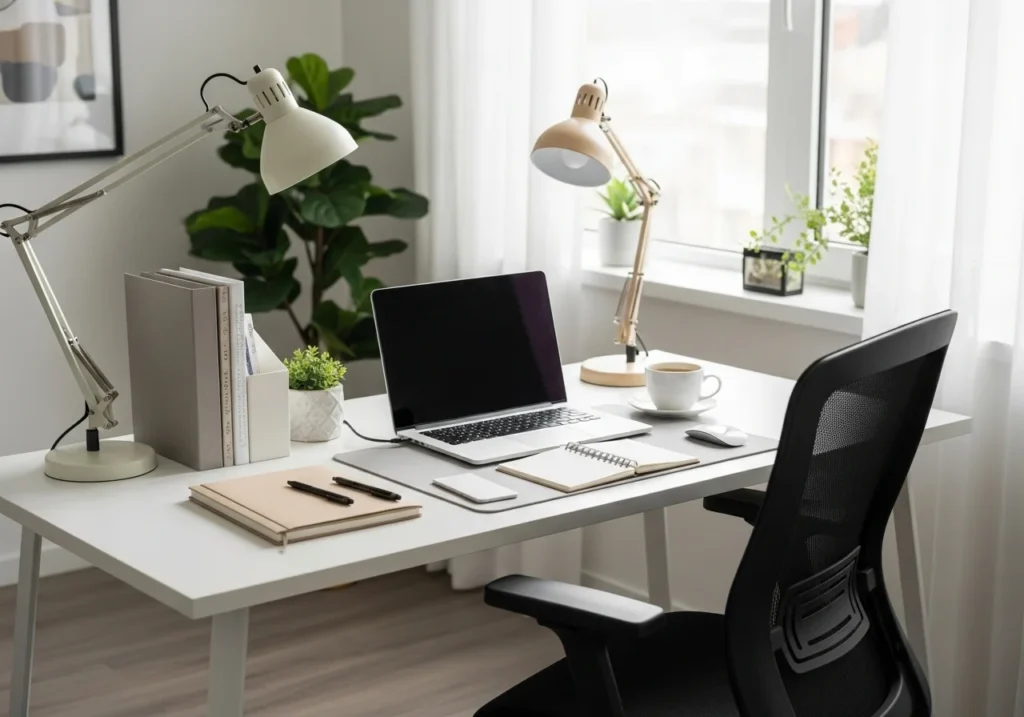 Clean and organized home office with laptop, notebook, and plant, promoting focus, productivity, and work-life balance.