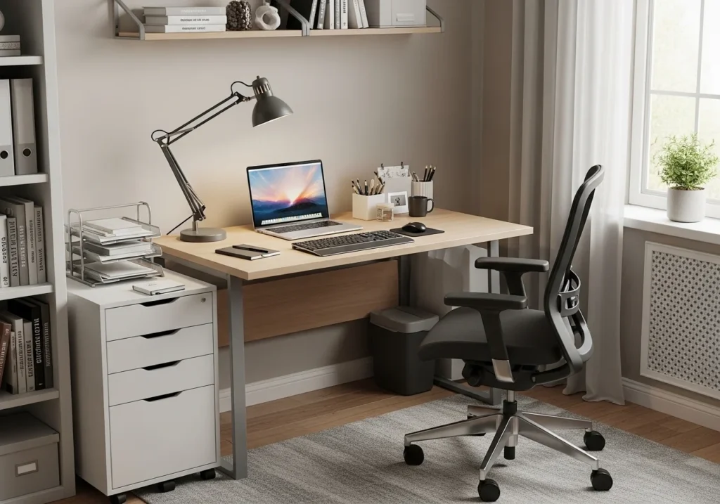 Neat home office setup with laptop, ergonomic chair, desk lamp, and organized shelves, highlighting essential items for a productive workspace.