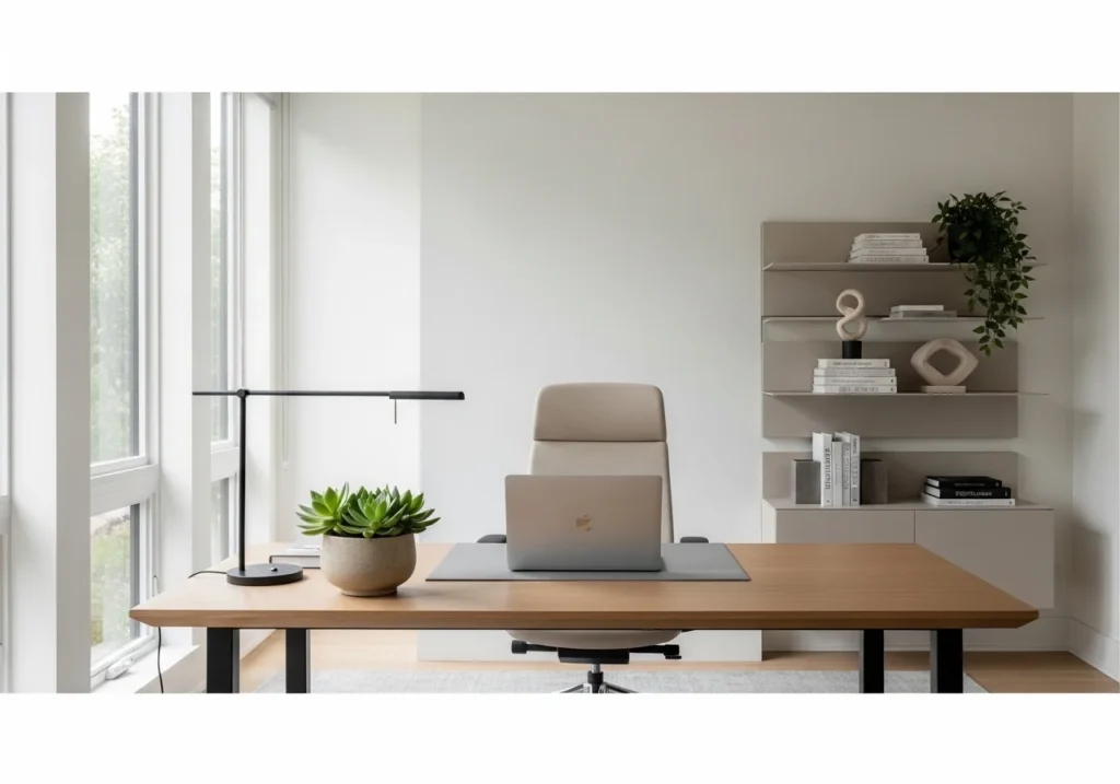Minimalist modern home office with a clean desk, neutral colors, and organized shelves for a clutter-free workspace.
