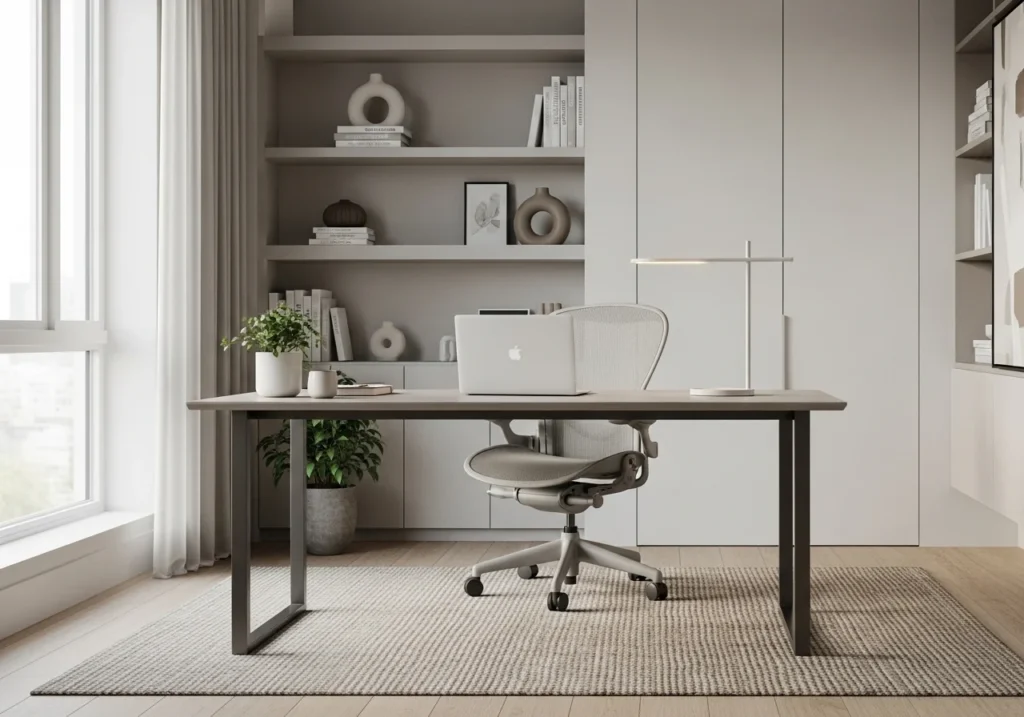 “Home office setup with desk near window, ergonomic chair, organized workspace, and ambient lighting for a productive environment.”
