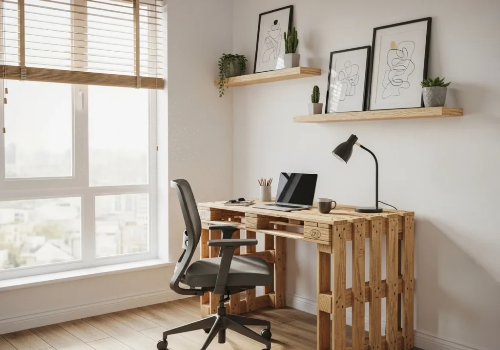 Affordable home office setup with DIY desk, simple storage, and minimal decor creating a cozy and budget-friendly workspace.
