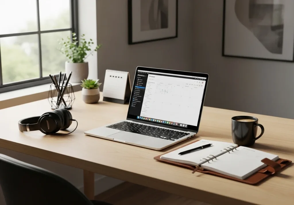 Organized home office desk with laptop, planner, headphones, and minimal decor creating a productive and inspiring workspace.