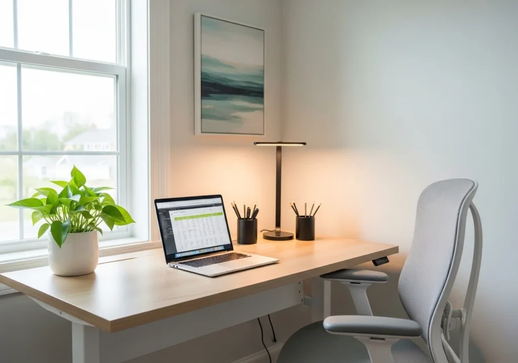 Quiet home office corner with ergonomic desk, chair, laptop, lamp, and minimal decor for a comfortable and productive workspace.