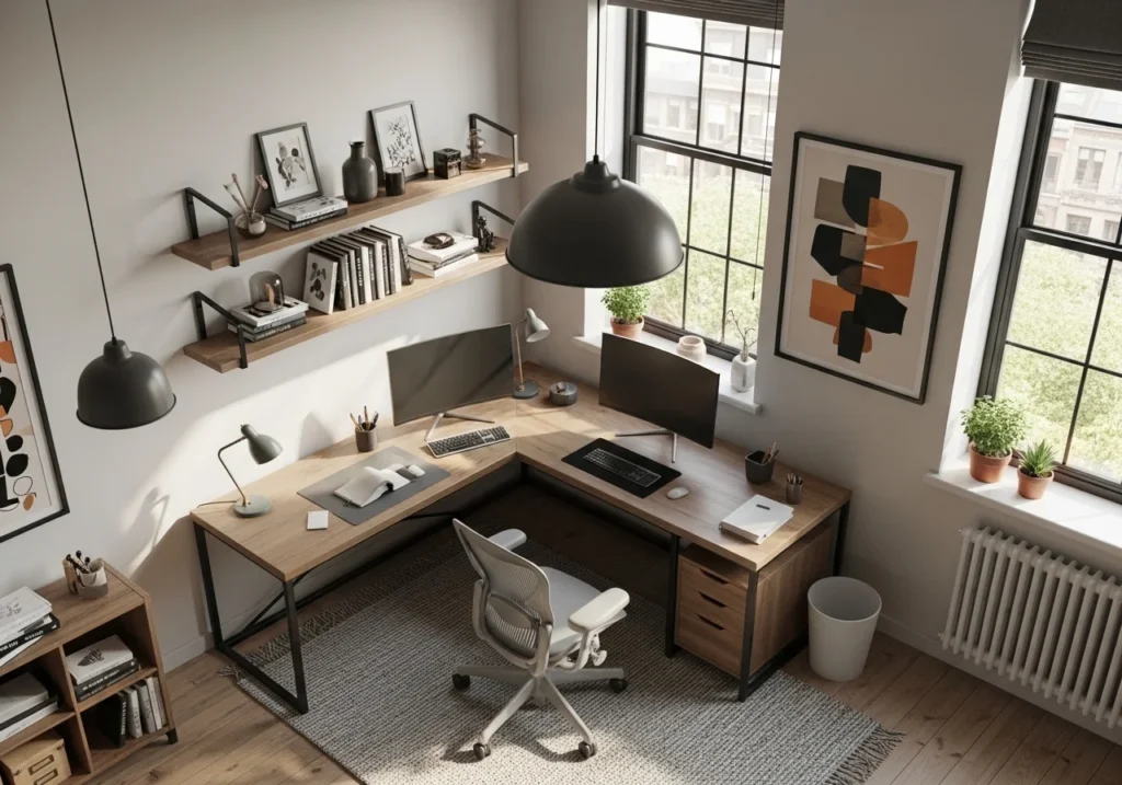 Sunlit modern home office with L-shaped desk, dual monitors, ergonomic chair, shelves with books and decor, and indoor plants creating a stylish and productive workspace.