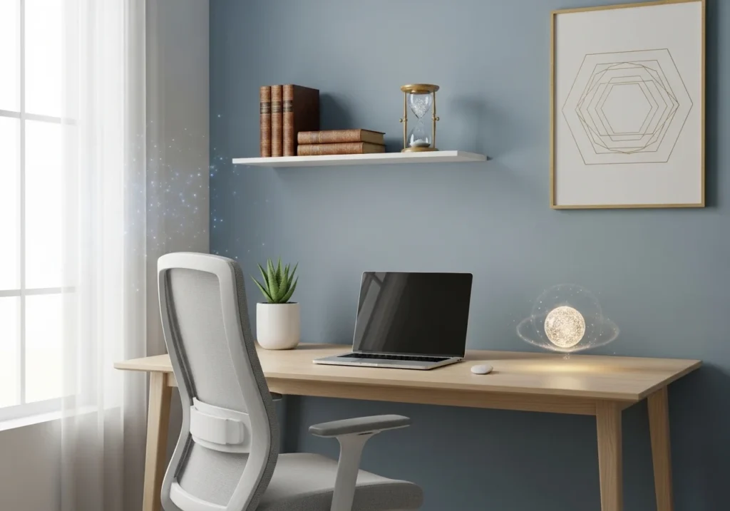 modern home office setup with stylish home office decor, cozy lighting, plants, minimal desk, aesthetic home office workspace for productivity