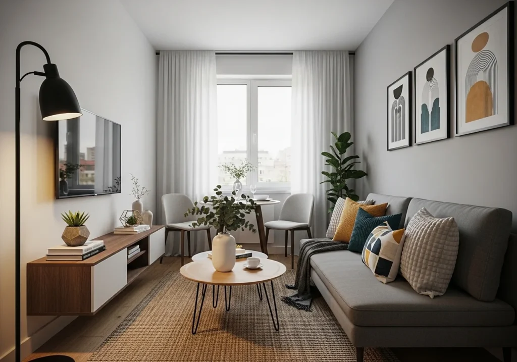 Modern studio apartment layout with space-saving furniture, cozy seating, smart storage solutions, and stylish small space decor design