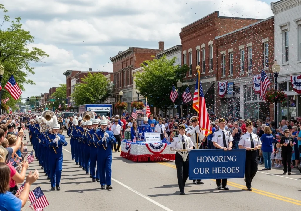 Memorial Day weekend celebration scene with patriotic red white and blue decorations, outdoor activities, travel essentials, and summer holiday lifestyle concept for 2026 guide