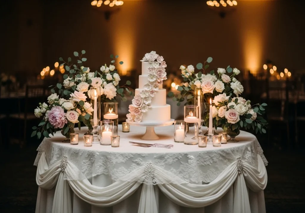 Beautiful wedding decoration with floral arrangements, elegant lighting, and stylish table setup in a romantic venue setting