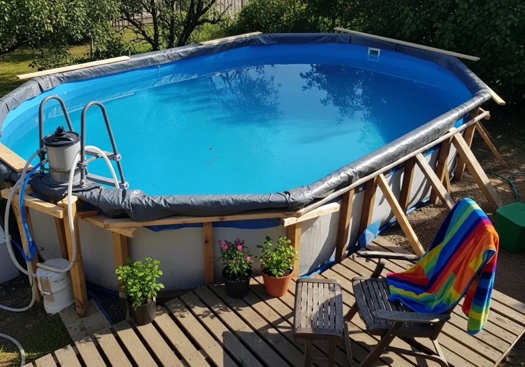 Small pool ideas for home with compact backyard pool design, modern landscaping, cozy seating, and stylish space-saving outdoor layout