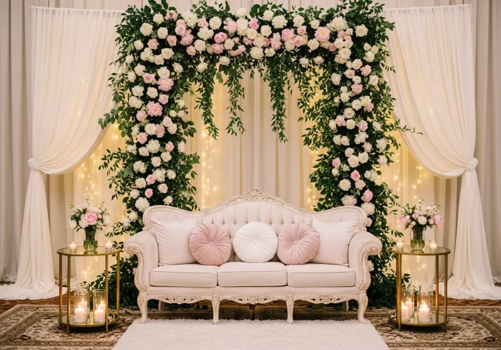 Beautiful wedding decoration with floral arrangements, elegant lighting, and stylish table setup in a romantic venue setting