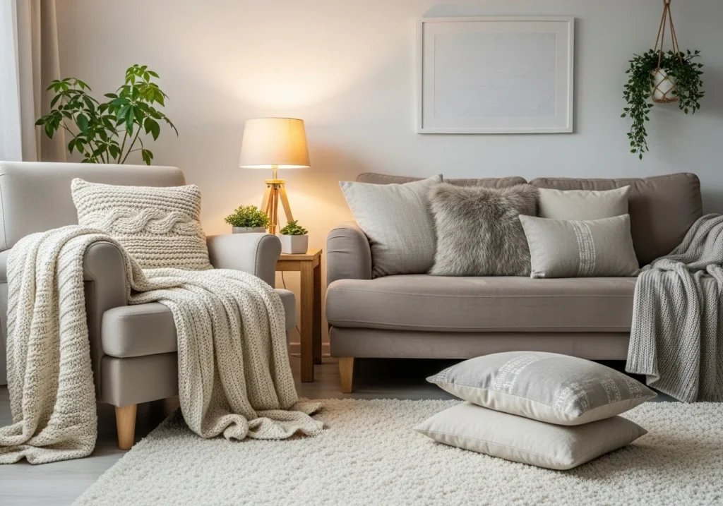 A cozy room with soft textiles, warm lighting, and plush decor.