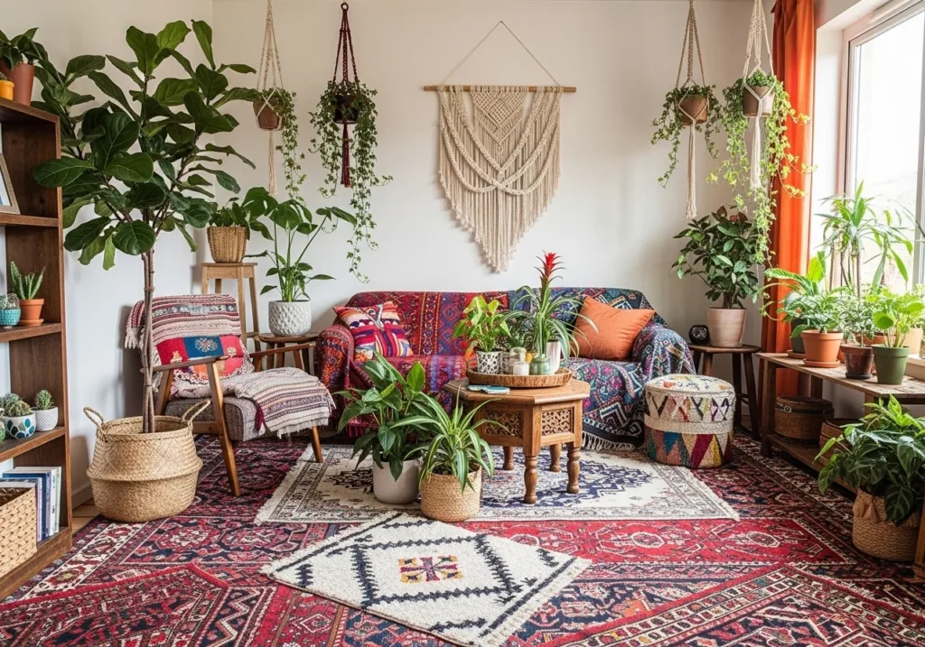 A bohemian-style interior with plants, layered rugs, and colorful decor.