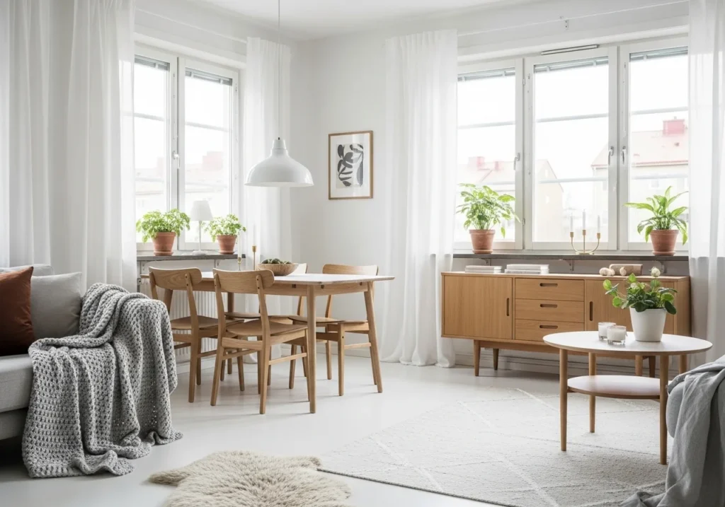 A Scandinavian-style space with light wood, neutral tones, and soft textiles.