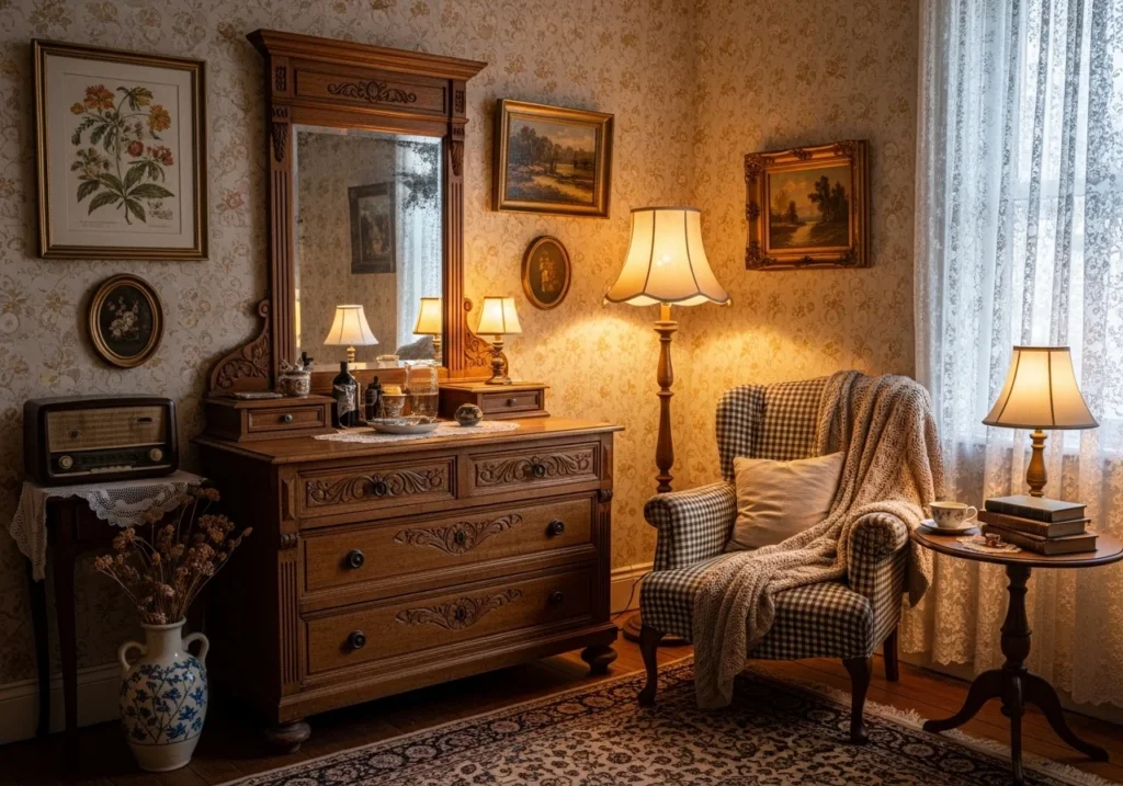 A vintage-inspired room with antique furniture and retro decor.