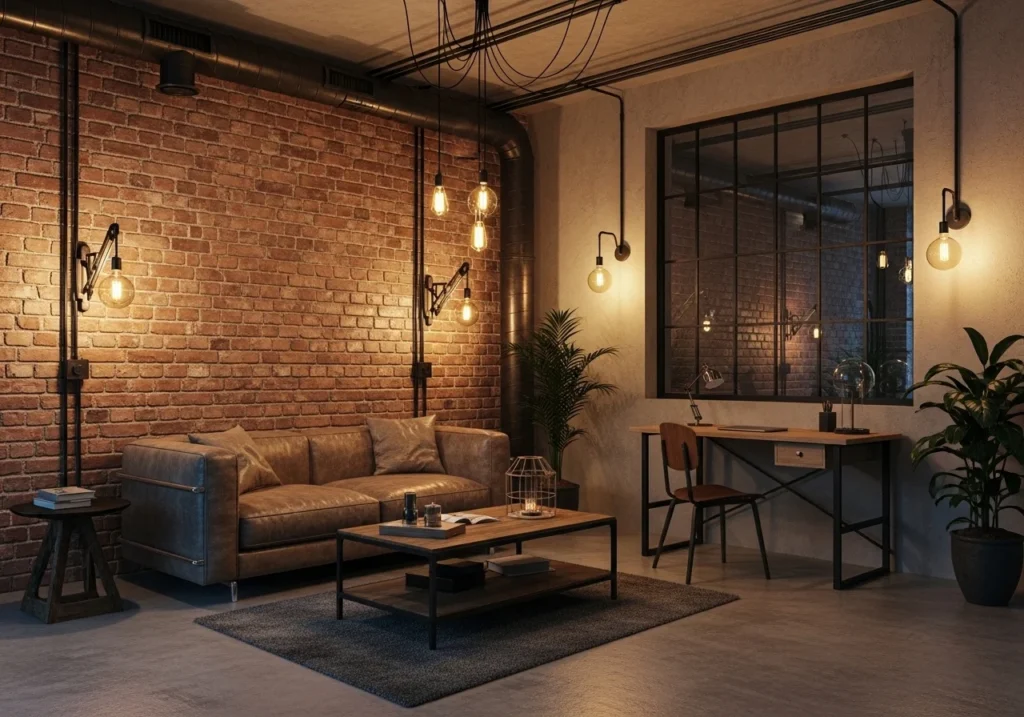 An industrial interior featuring exposed brick and metal accents.