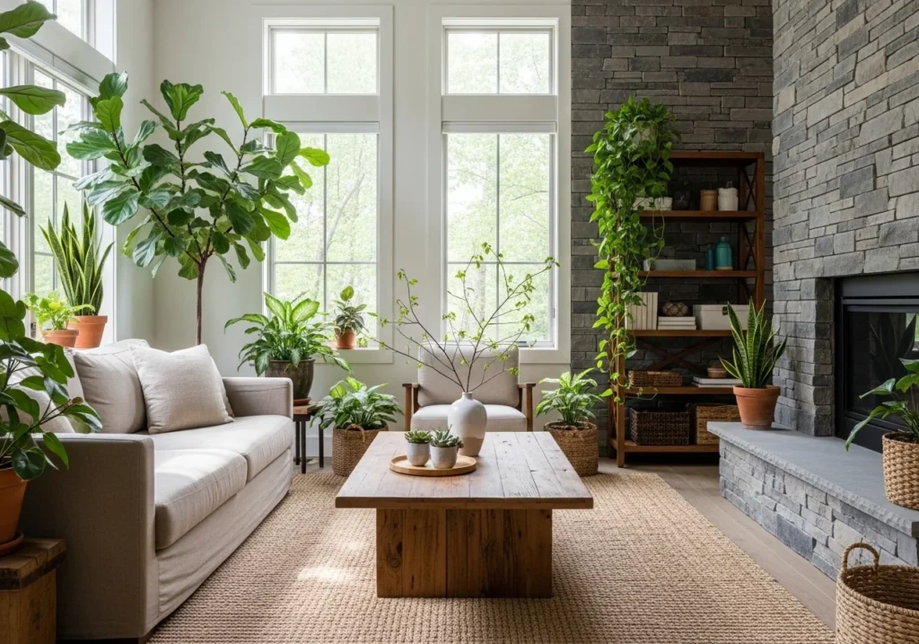 A nature-themed room with plants and natural materials.