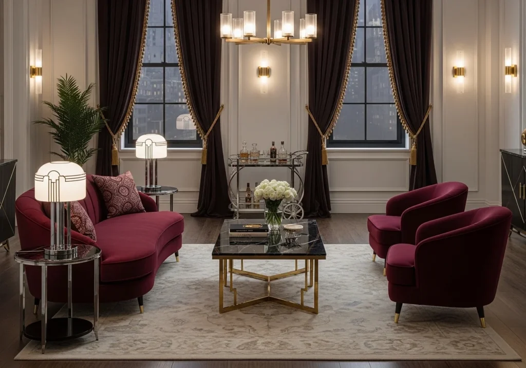 An Art Deco interior with gold accents and geometric designs.