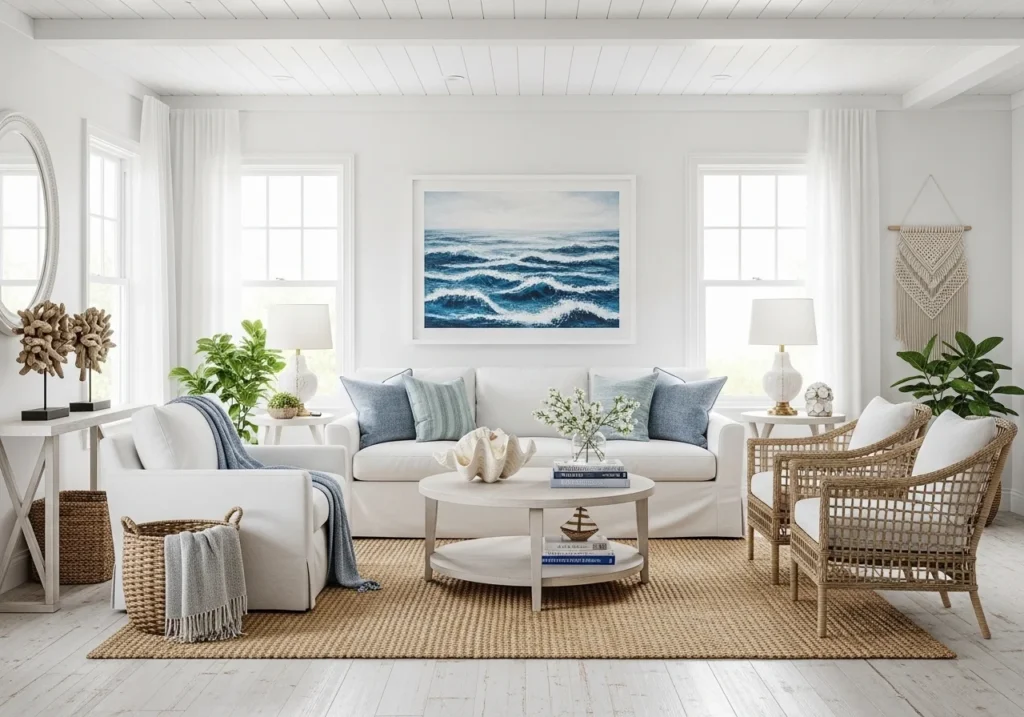 A coastal-inspired room with soft blue tones and natural textures.