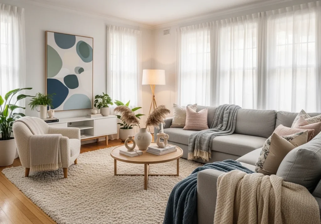 A cozy living room with soft textiles, stylish furniture, and statement decor pieces.
