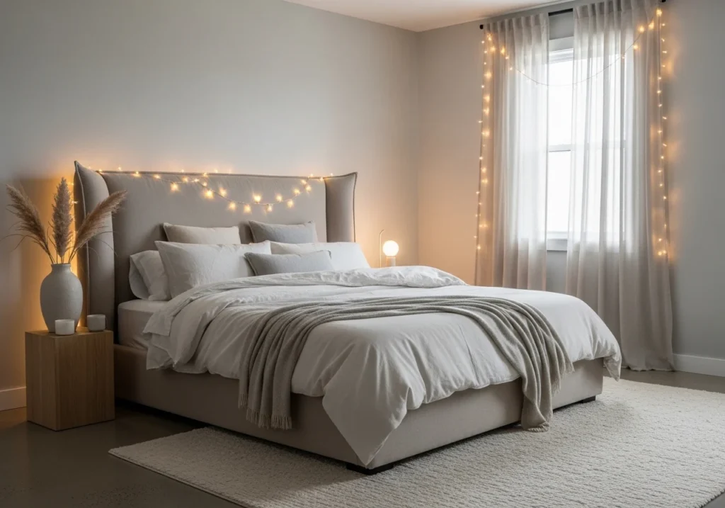 A cozy bedroom with soft tones, fairy lights, and luxurious bedding.